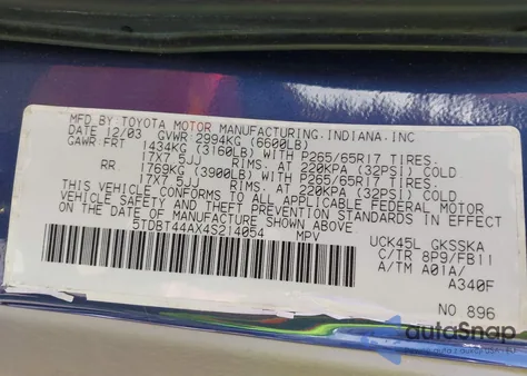 2004 Toyota Sequoia Sr5 V8 из США, поврежденный, VIN 5TDBT44AX4S214054